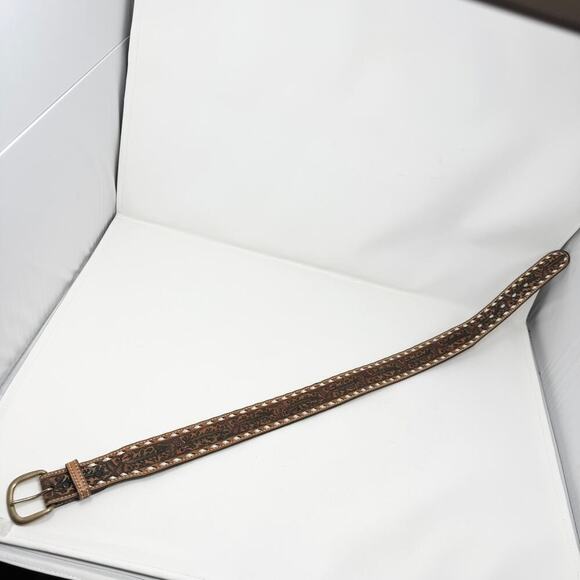 Tory Full Grain Cowhide Brown Leather Tooled Acorn Oak Leaf Laced Belt Size 30 - Picture 5 of 12